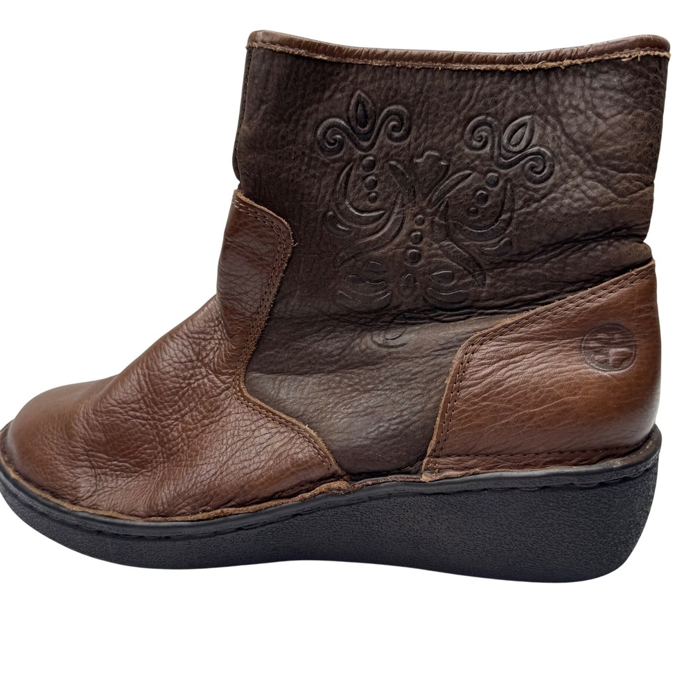 Lobo Solo Leather Ankle Boots Womens 27 Brown Embossed Wedge Side Zip Boho
